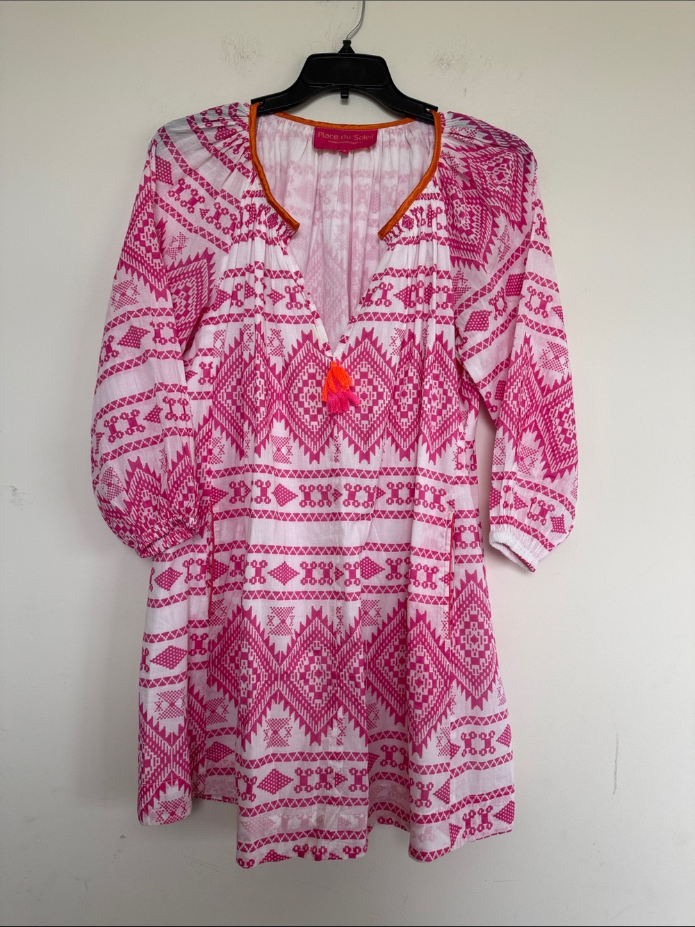 Place du Soleil Women’s Pink Patterned Casual Dress with Tassel Tie